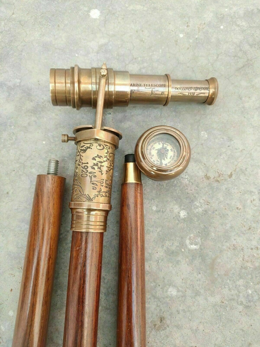 Vintage Brass Telescope Walking Stick - Collectible Marine Prop Wooden Cane With Functional Spyglass