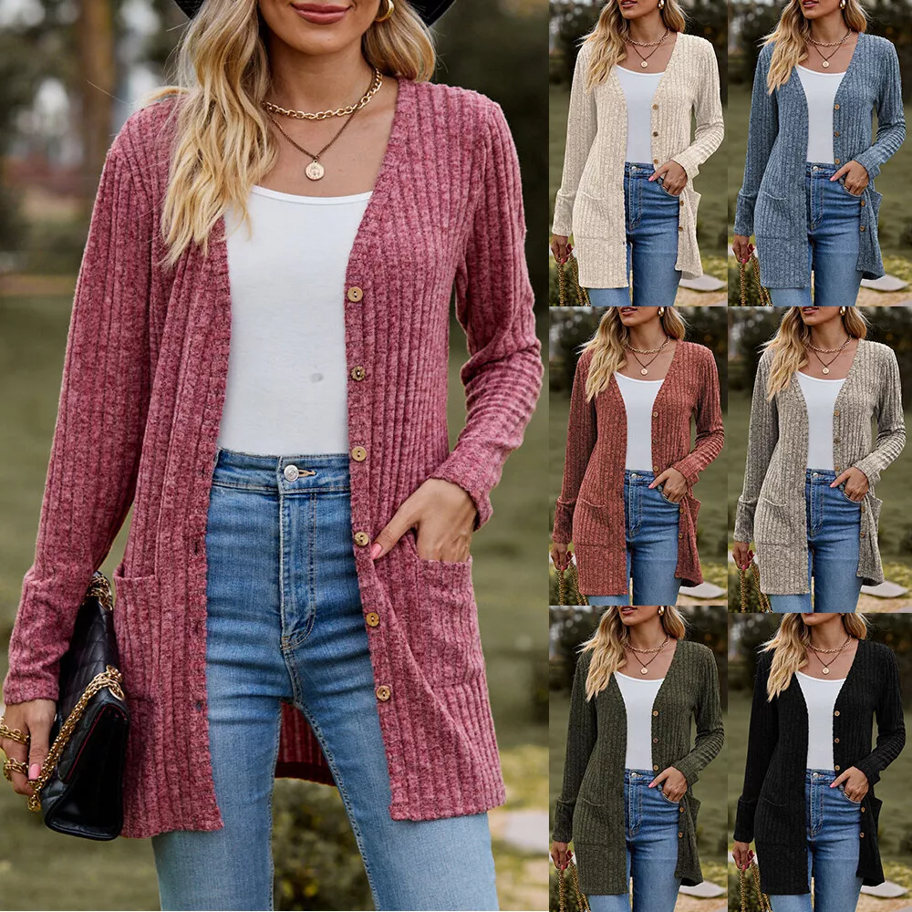 Ladies Open Front Cardigan Long Jumper Button Up Casual Loose Coat Sweater  Tops