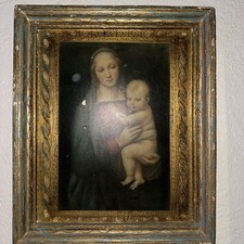 Madonna Del Granduca W Baby , Lithograph 19th Century Oil ON TABLEX. France Real