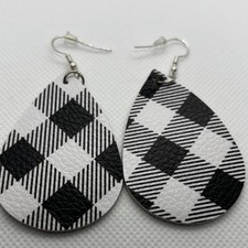 Buffalo Plaid Teardrop Earrings Women Dangle Fishhook Faux Leather Black White