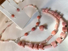 OOAK SS .925 PINK PERUVIAN OPAL NECKLACE  3 STRANDS & EARRINGS SET