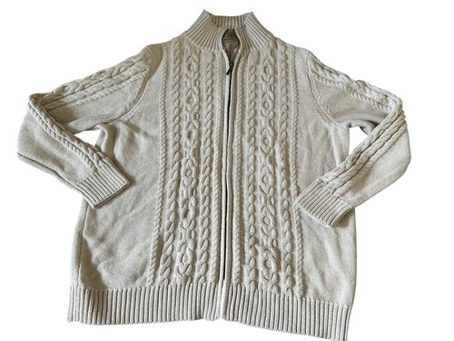 L.L. Bean Womens Full Zip Cable Knit Sweater Sz 1X Fisherman Mock Neck Cotton