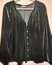 Faherty Naomi Blouse Dark Green Silk Blend Velvet Button Down Sz XXL Luxury