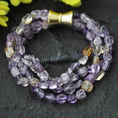 4 Rows Purple Yellow Ametrine Quartz Crystal Irregular Gems Beads Bracelet 8 in