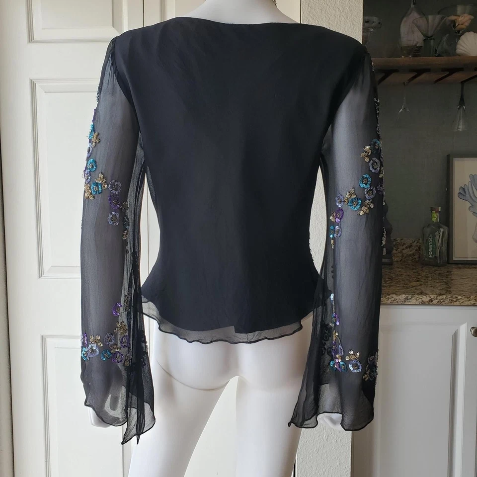 Newport News 100% Silk Black Women's Cowl Neck Sequin Long Sleeve Top - Image 3 of 4