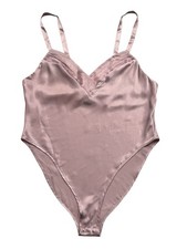 Barbizon 90s Ruched bust crossover Pink satin bodysuit Size Large EUC