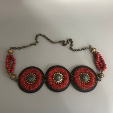 Chicos Red Beaded Leather Medallion Belt Turquoise Accents Boho S/M