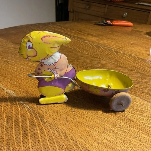 Vintage 1940s J Chein “Type” Easter Bunny Pulling Egg Cart With Wheels Tin Toy