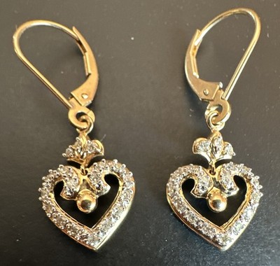 14k Yellow Gold Diamonds Heart Dongle Earrings 36 Diamonds! 1.86 grams