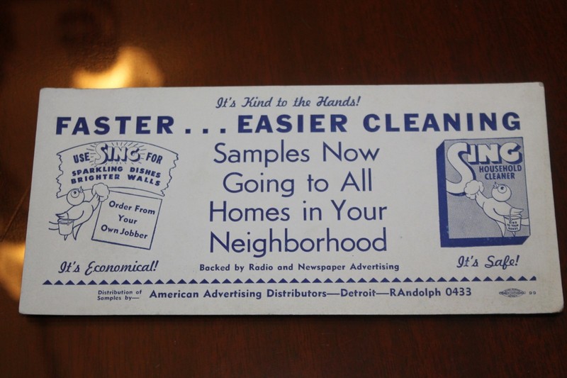 Vtg SING Household Cleaner Hood Chemical Soap Powder Ink Blotter Union Label NOS