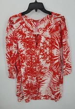 Plenty by Tracy Reece Top Womens Large Red White Pleated 3/4 Sleeve Artsy Blouse
