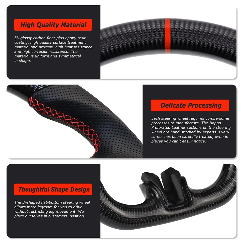 LOSCHEN Real Carbon Fiber Steering Wheel For Ford Mustang EcoBoost GT 2015-2017 - Image 3 of 4