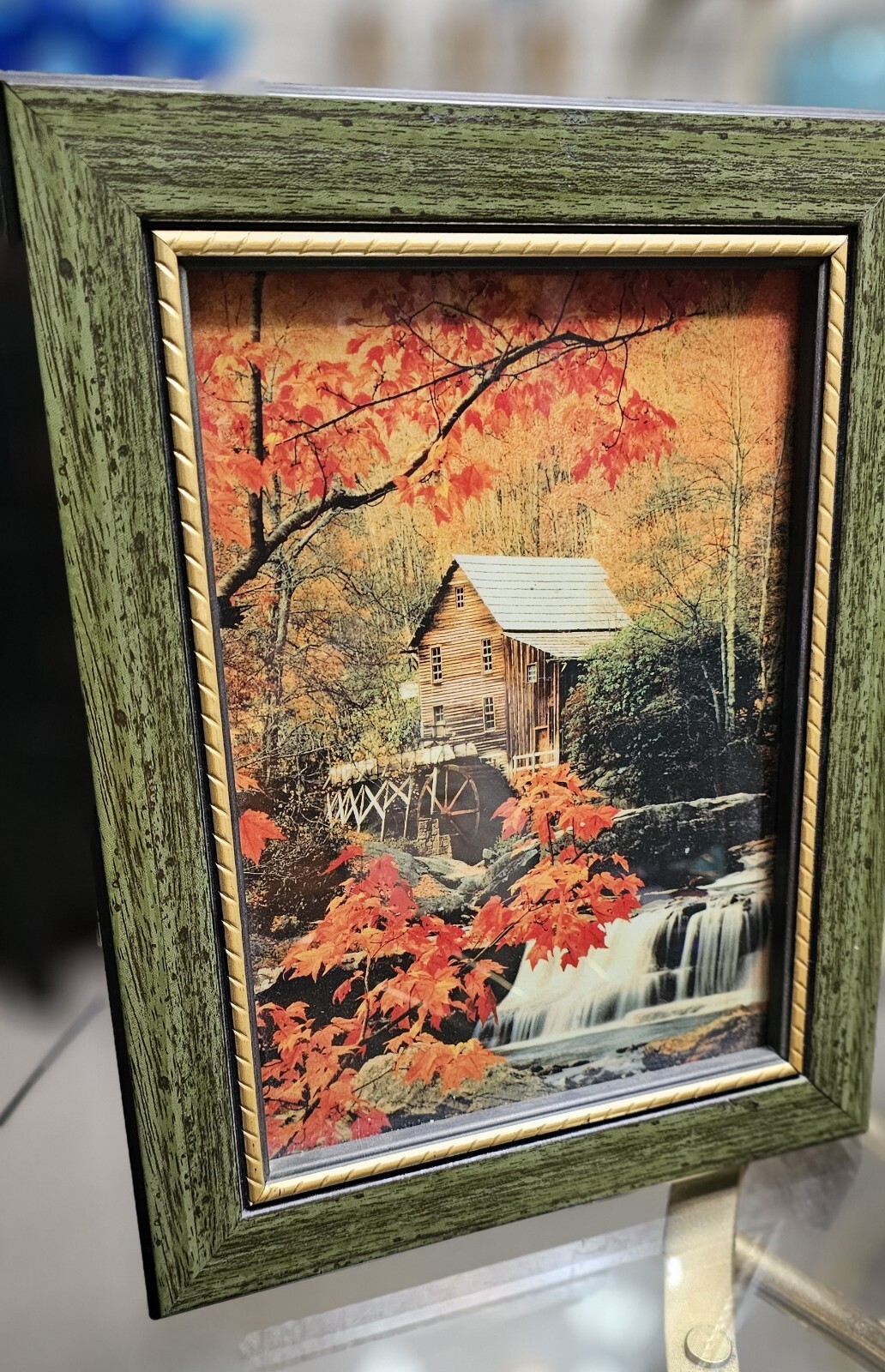 Vintage Motion Light Up Framed Waterfall Art Fall Painting Green Frame