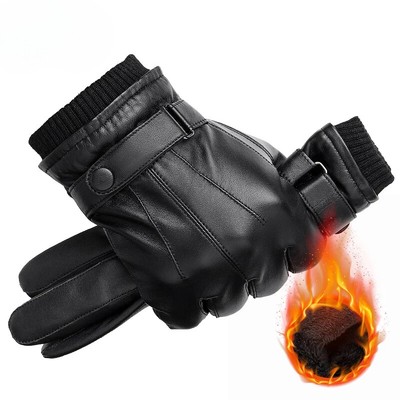 Men Genuine Sheepskin Leather Gloves Winter Warm Touch Screen Full Finger Gloves