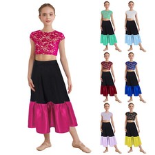 Kids Girls Flamenco Dance Floral Lace Crop Top with Skirt Performance Costume