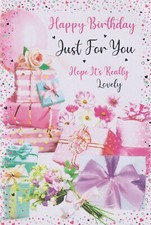 OPEN FEMALE HAPPY BIRTHDAY GREETING CARD 7"X5" PRESENTS AND FLOWERS