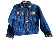 Brittania Size 5-6 Girl  s Denim Blue Jean Jacket Flower Accents Made in the USA