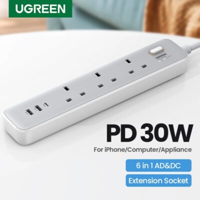 UGREEN 30W Desktop Charger Power Strip 6-IN-1 AC DC Extension For Home iPhone PC