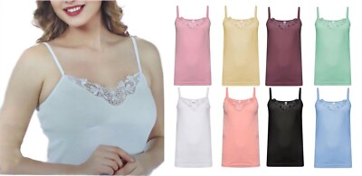 Damen schlicht dünne Träger Spitzenborte Stretch Baumwolle Sonne Cami Weste Top Set Damen