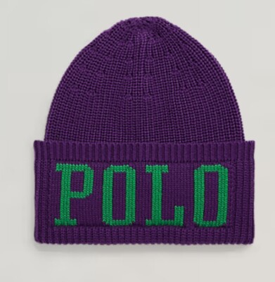 Polo Ralph Lauren Stocking Cap Beanie Hat Purple Green Knit (One Size Kids  4-7)