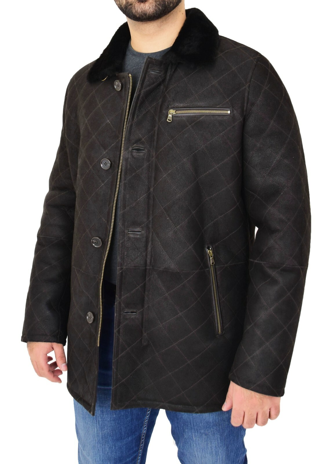 Mens Genuine Sheepskin Jacket Brown Designer Shearling 3/4 Long Quilted Car Coat image 6