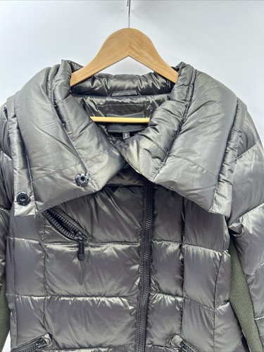 BCBG MaxAzria Olive WIDE COLLAR Down Puffer LONG Coat Jacket Womens M Medium - Picture 2 of 11