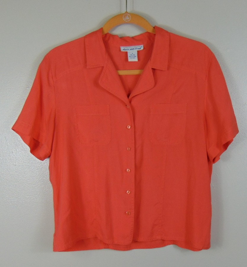 Anna & Frank Silk Top Womens M Orange Button Up Short Sleeve Blouse Lightweight