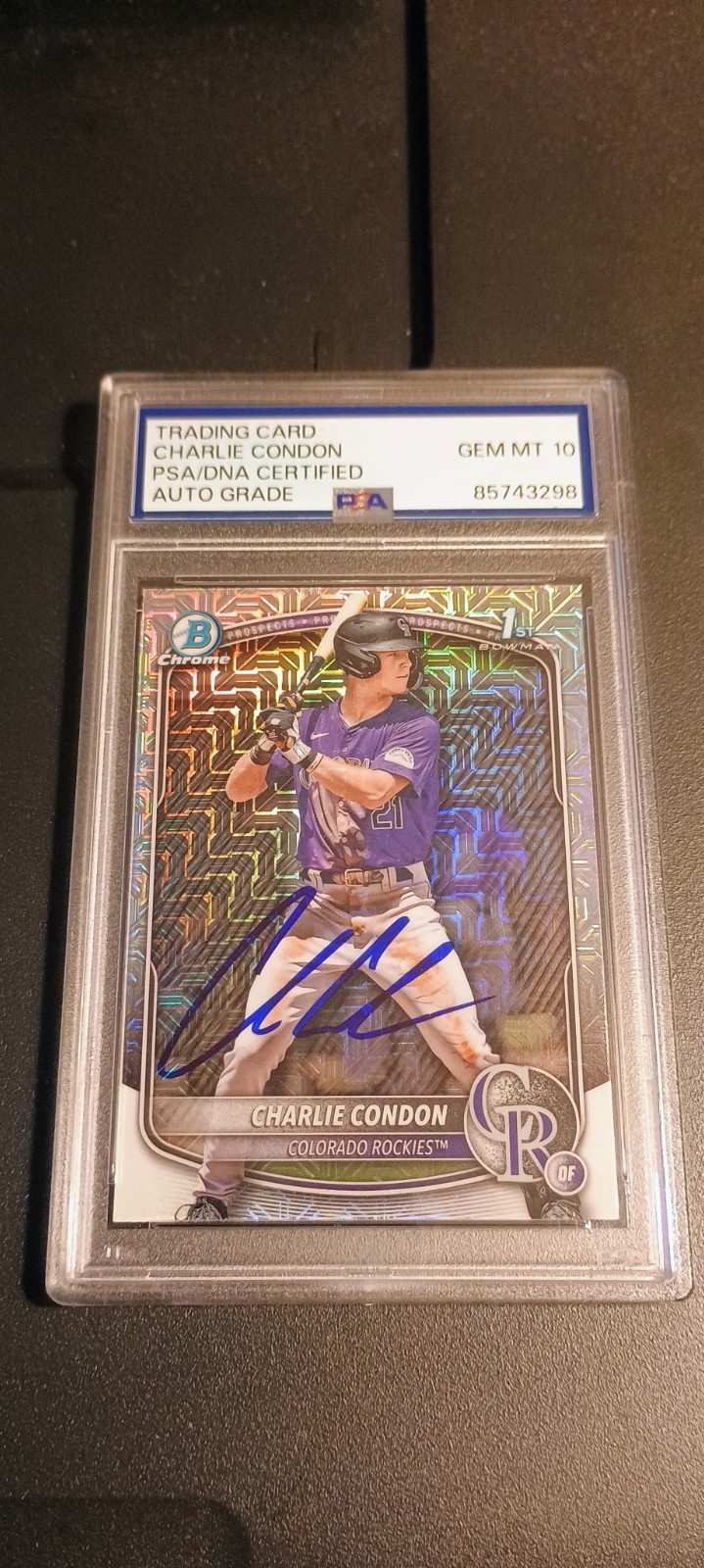 Charlie Condon Signed 2025 1st Bowman Chrome Mojo PSA 10 Auto Colorado Rockies