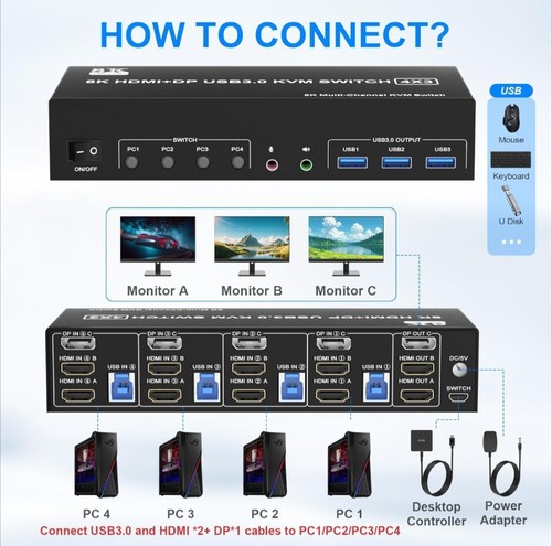 NEW KVM Switch 3 Monitors 4 Comps 8K@60Hz/4K@144Hz HDMI Display port 3 USB 3.0 - Afbeelding 2 van 8