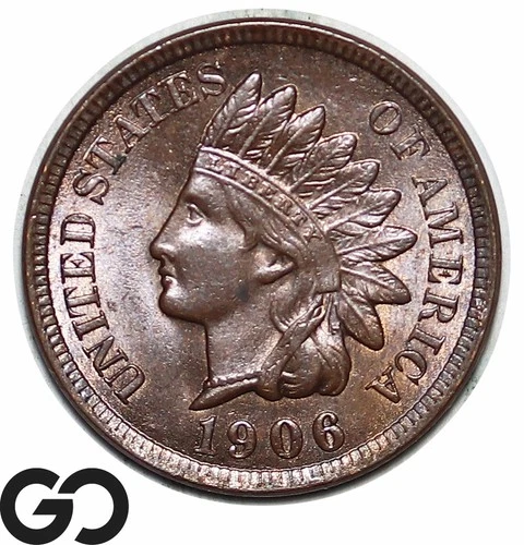 1906 Indian Head Cent Penny, Sharp & Lustrous Solid Gem BU++