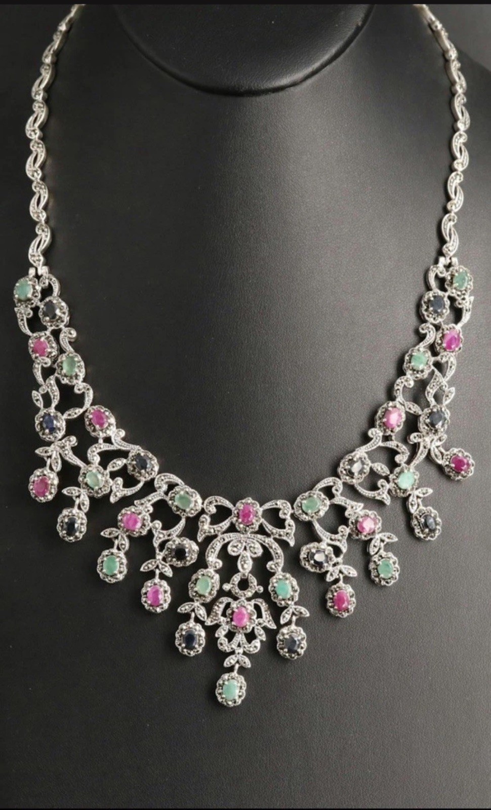 Necklace Sterling Silver, Ruby, Emerald, Sapphire… - image 4