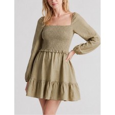 Quince 100% European Linen Smocked Mini Dress Size XS Olive Green Long Sleeve