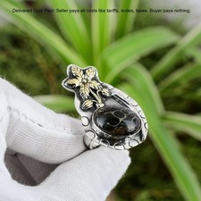 925 Sterling Silver Oval Natural Turritella Agate Statement Flower Ring Jewelry
