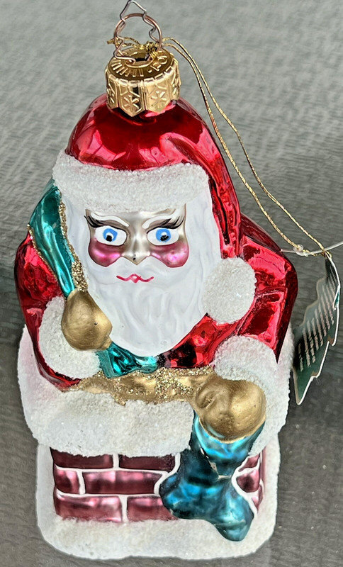VTG Poland Mouthblown Glass Ornament 6” Santa On Chimney by Whitehurst Imports