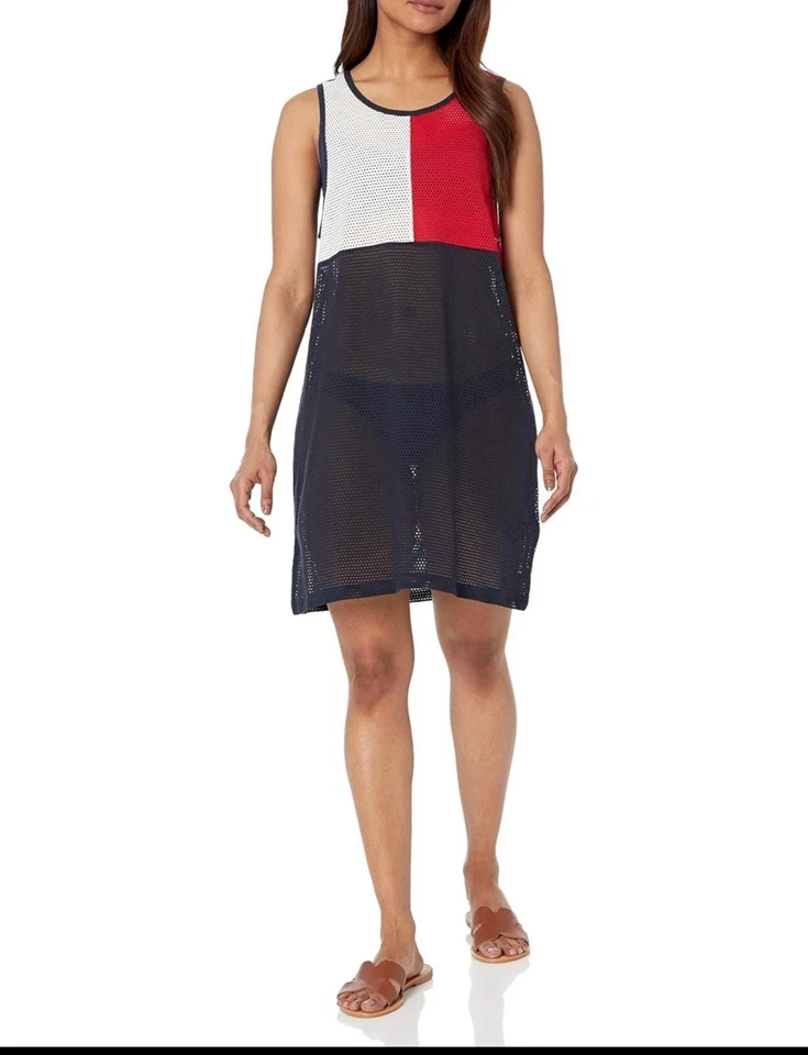 NWT Tommy Hilfiger Designer Mesh Swim CoverUp Dress S M $78 Blue Red White - Image 3 of 4