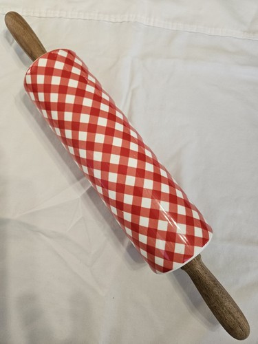 The Pioneer Woman Ceramic Red and White Checked with Wood Handles Rolling Pin