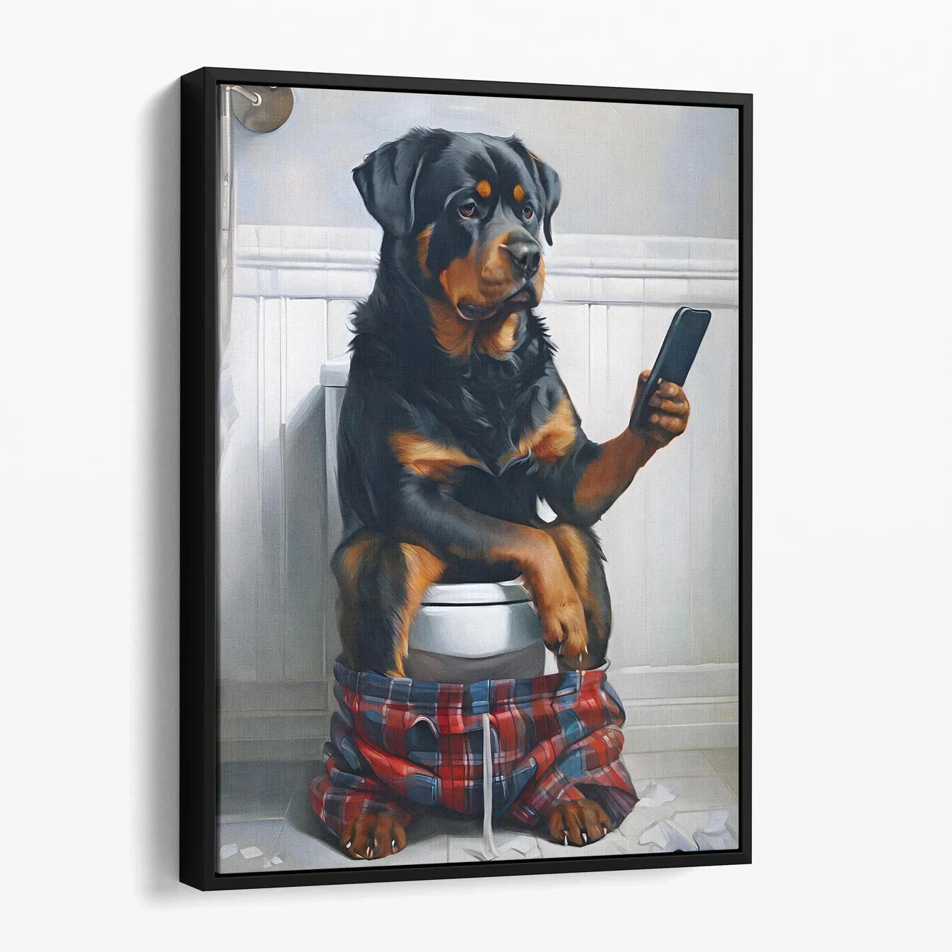 Rottweiler On The Phone On The Toilet Funny Dog Bathroom Canvas Print Wall Art