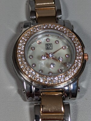 NY&C Pearlized Dial Crystal Accent Round Case Two Tone Bracelet Band Watch 7.75i