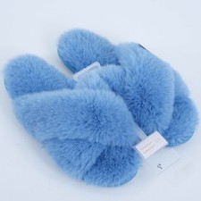 LAUREN CONRAD Women's SIZE 6/7 SMALL Faux FUR X-Band BLUE SLIDE SLIPPERS