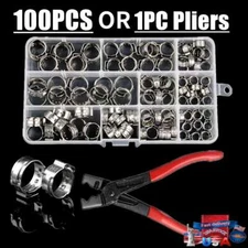 100x Single Ear Hose Clamps 304 Stainless Steel O Fuel Pipe Clip Hose Plier Set