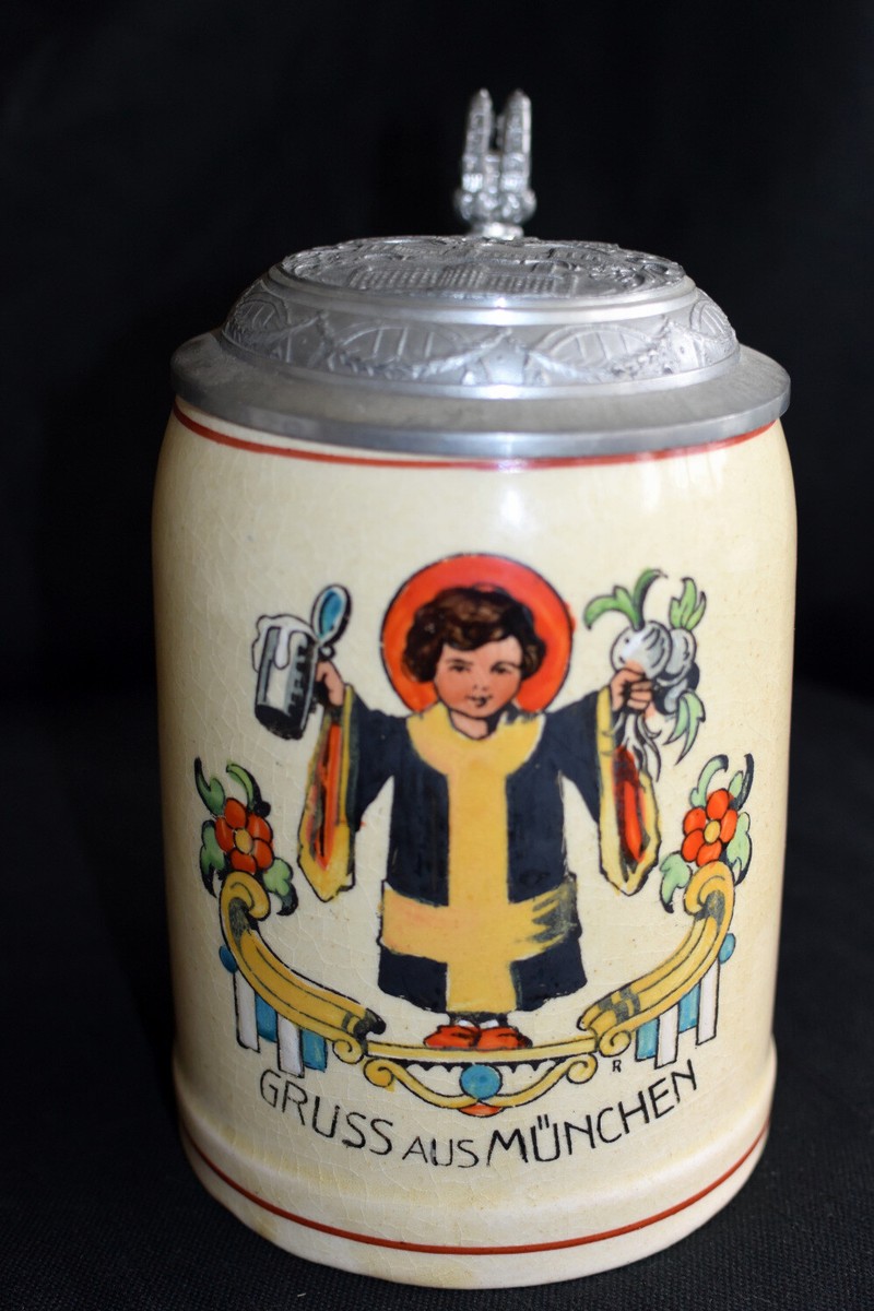 Vtg Gruss Aus Munchen Ceramic Lidded Souvenir Beer Stein Vividly