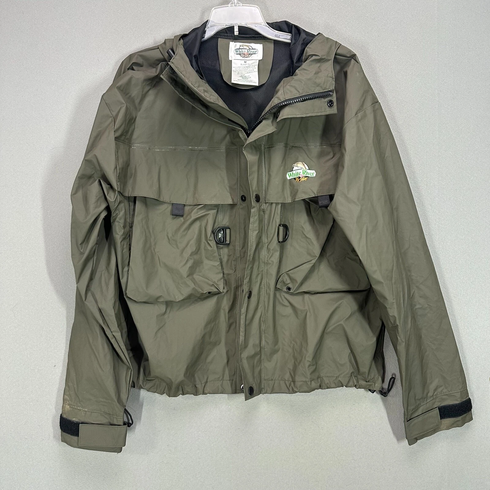 White River Fly Shop Mens Medium L/S Jacket Green Fishing Outdoors Pockets Hood