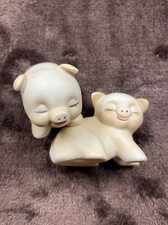 Vintage 1980 Enesco Porcelain Pig Figurines Smiling, Eyes Closed Stand and Sit