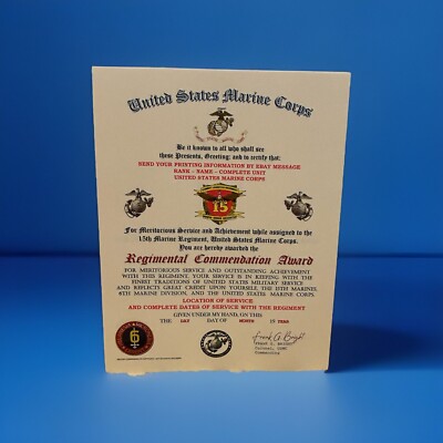 U.S.M.C. / 15TH MARINE REGIMENT - REGIMENTAL COMMENDATION AWARD CERTIFICATE