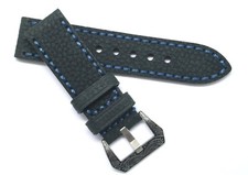 24mm HQ Black/Blue Oily Cowhide Leather Watch Band Retro Engraved Brushed Buckle