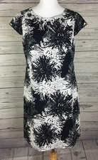 Talbots Dress Womens Size 8 Black White Floral Short Sleeve Lined Beaded Neck