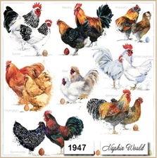 (1947) TWO Paper LUNCHEON Decoupage Art Craft Napkins CHICKEN BREEDS HEN ROOSTER