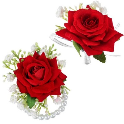 2pcs Red Rose Corsage Set Pearl Hand Flower Wrist Corsage for Wedding Party H...