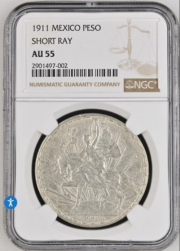 1911 MEXICO SILVER 1 PESO CABALLITO NGC AU 55 SHORT RAY - RARE