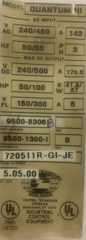 Control Techniques Quantum III DC Drive 9500-8306 M210-14ICDQ Tested 220/480V - Image 4 of 4